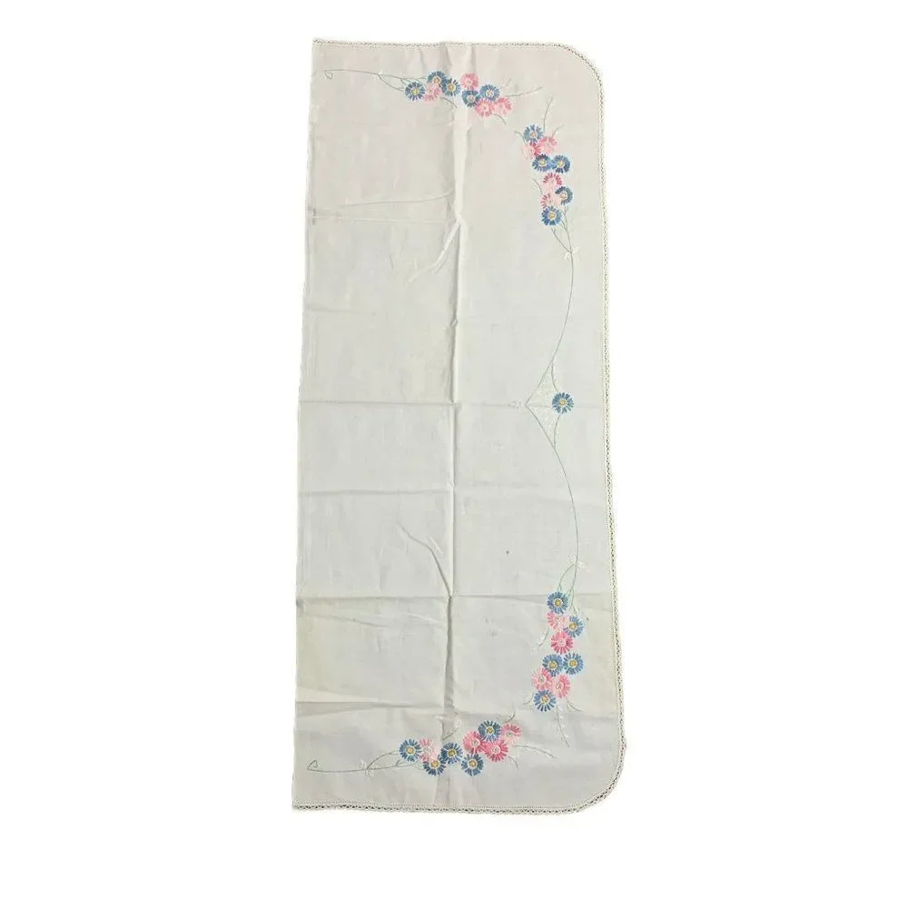 Vintage Hand Embroidered Mantle Scarf Table Runner 45 x 35 White Floral Crochet
